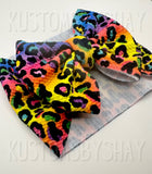 Rainbow Cheetah Stretchy Head Wrap,  Print Headwrap, Baby Headband, Rainbow Headband, Cheetah Print Bow, Piggie Set, Clip Bow, Cheetah Bow